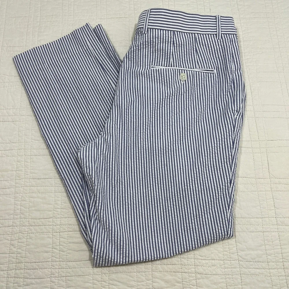 Palm Beach Andrew Mens Blue White Striped Seersucker Cotton Trousers 36R